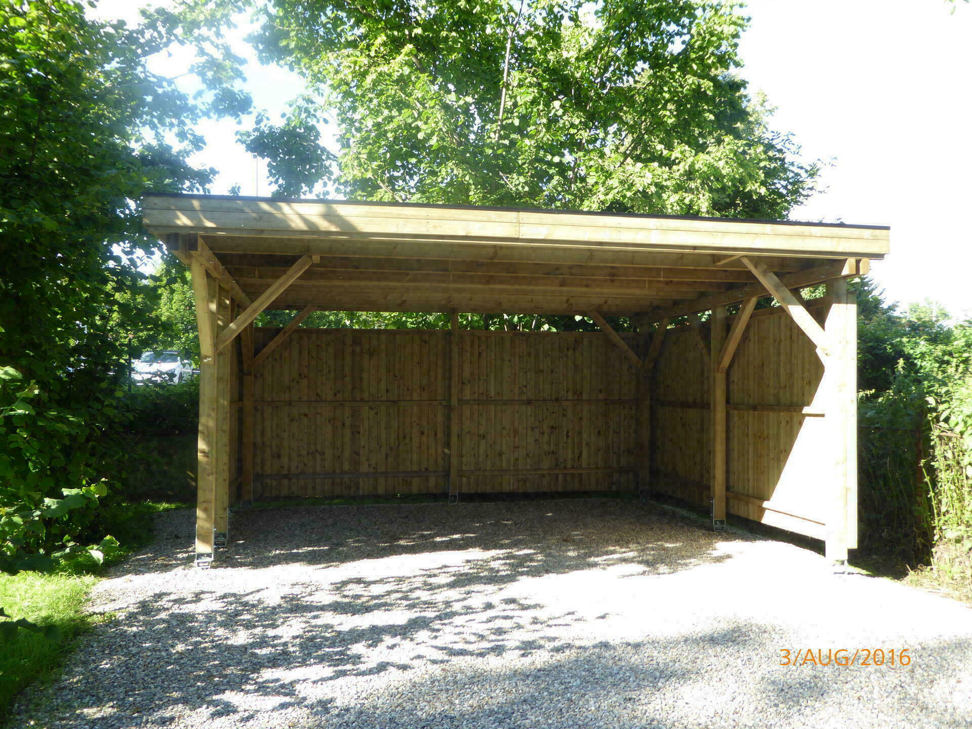 Hockenheim Doppelcarport, normale Ausführung, mit Rück- und Seitenwand und Randabdeckprofilen,, kesseldruckimprägniert